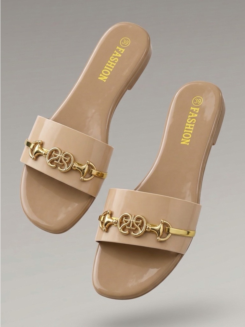 Women's Beige Slide Sandals with Gold Accent